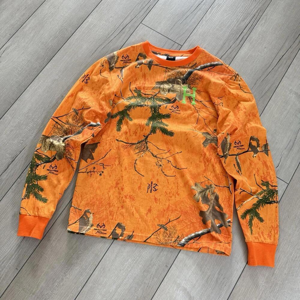 HUF x Realtree Camo Long Sleeve Shirt Sz S Blaze Orange Green H Logo Y2K Street